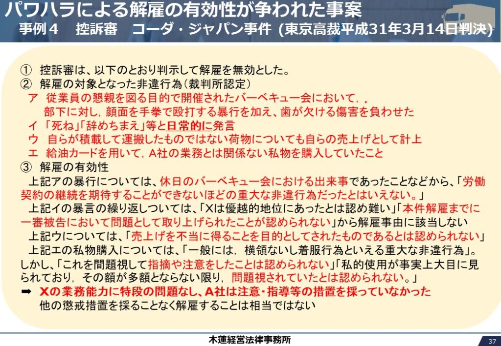 パワハラによる解雇の有効性が争われた事案　
　事例４　第１審　コーダ・ジャパン事件(横浜地裁平成28年9月29日判決)
