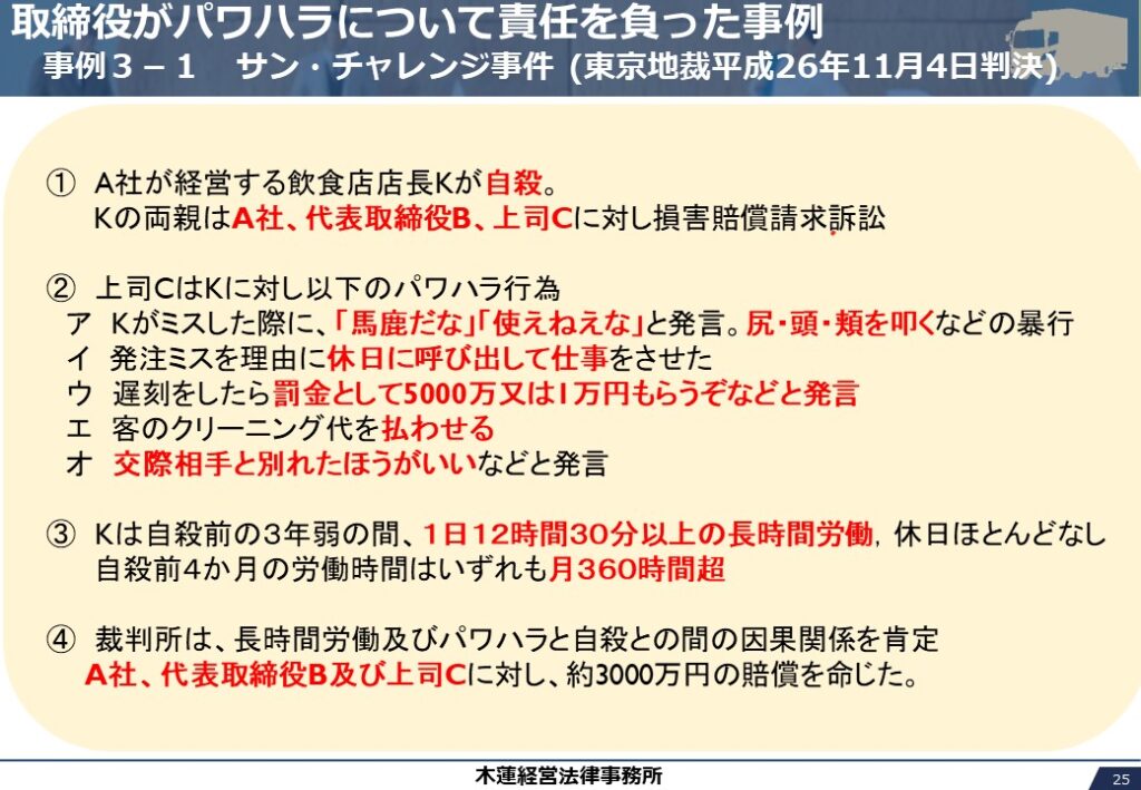 取締役がパワハラについて責任を負った事例
サン・チャレンジ事件 (東京地裁平成26年11月4日判決)