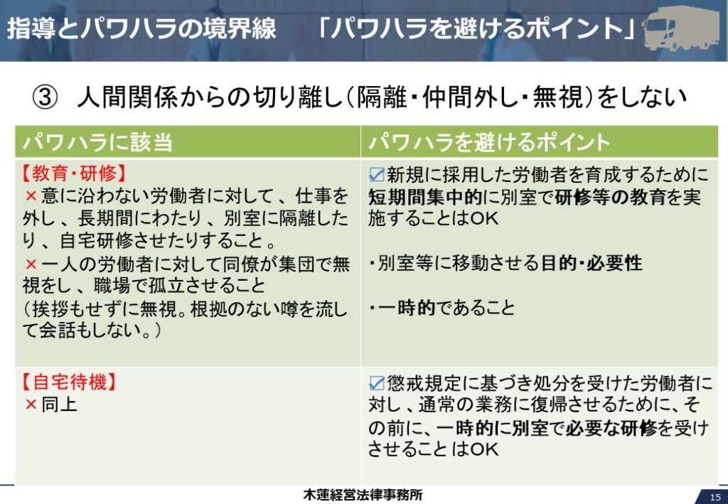 指導とパワハラの境界線「パワハラを避けるポイント」
③　人間関係からの切り離し（隔離・仲間外し・無視）をしない