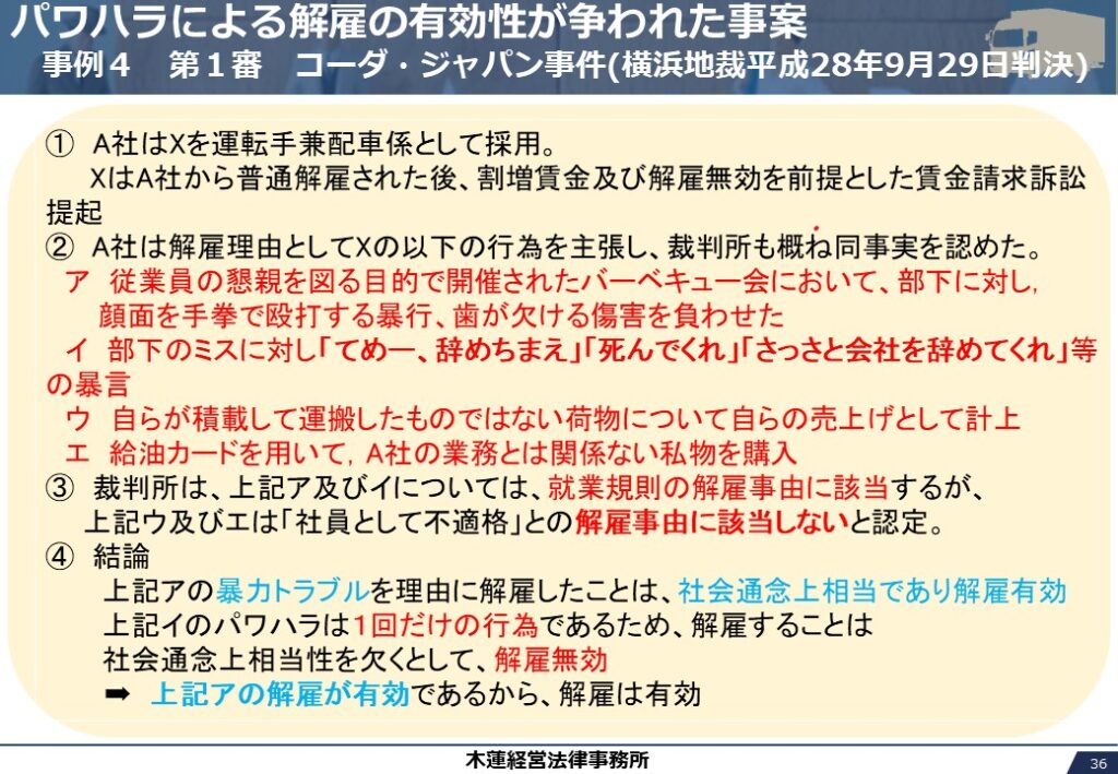 パワハラによる解雇の有効性が争われた事案　
　事例４　第１審　コーダ・ジャパン事件(横浜地裁平成28年9月29日判決)
